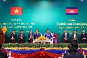 Премьер-министр Фам Минь Тьинь и Премьер-министр Хун Сен на форуме по содействию торговле и инвестициям Вьетнам-Камбоджа. Фото: VGP