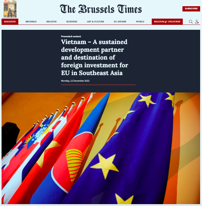 Статья «Вьетнам – партнер по устойчивому развитию, направление иностранных инвестиций ЕС в Юго-Восточную Азию», размещенная на сайте «The Brussels Times».