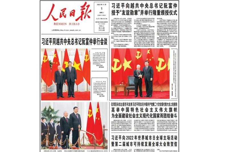 Газета «Жэньминь жибао» информирует о визите Генерального секретаря ЦК КПВ Нгуен Фу Чонга в Китай. Фото: Хыу Хынг