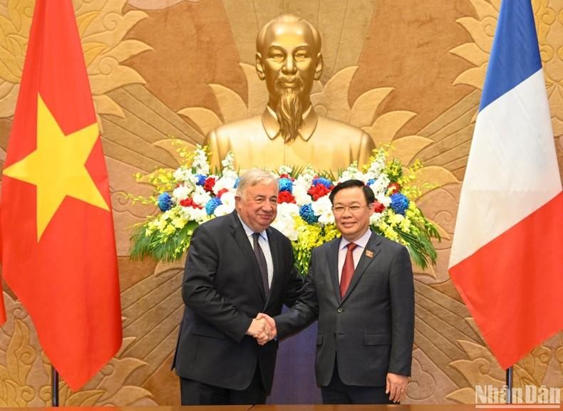 Председатель НС Выонг Динь Хюэ и Председатель Сената Франции Жерар Ларше. Фото: Зюи Линь