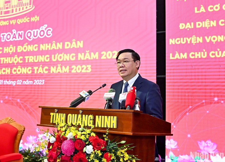 Председатель НС Выонг Динь Хюэ выступает на конференции. Фото: Зюи Линь
