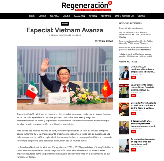 Статья, посвященная визитам Председателя НС Выонг Динь Хюэ, в газете Regeneración.