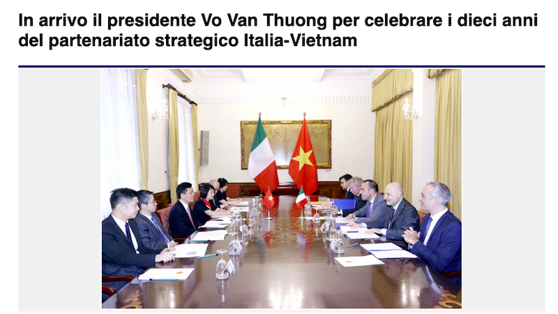 Газета Agenzia Stampa Italia опубликовала статью «Президент Во Ван Тхыонг посетит Италию в связи с 10-й годовщиной установления отношений стратегического партнерства между Италией и Вьетнамом».