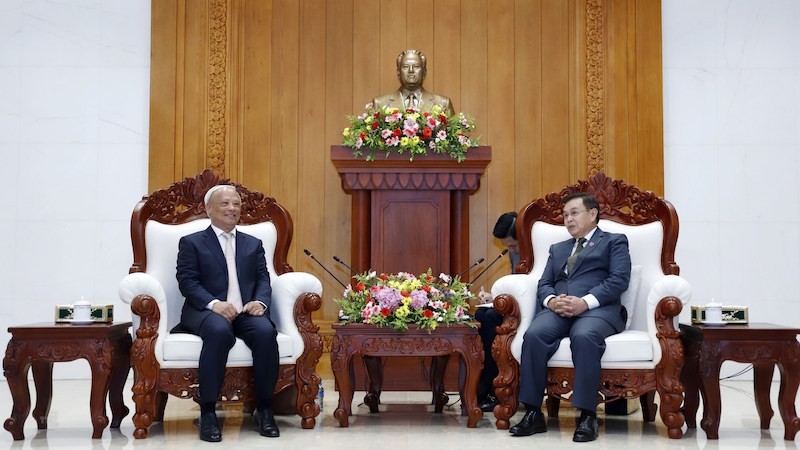 Председатель Вьетнамского комитета мира Уонг Тю Лыу (слева) и Председатель Национальной ассамблеи Лаоса Сайсомфон Фомвихан. Фото: ВИА 