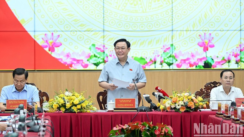 Председатель НС Выонг Динь Хюэ выступает на встрече с Постоянным бюро Парткома города Кантхо. Фото: Зюи Линь