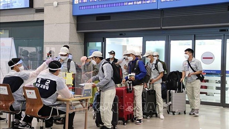 Вьетнамские рабочие проходят процедуру въезда в аэропорт Инчхон в Южной Корее.