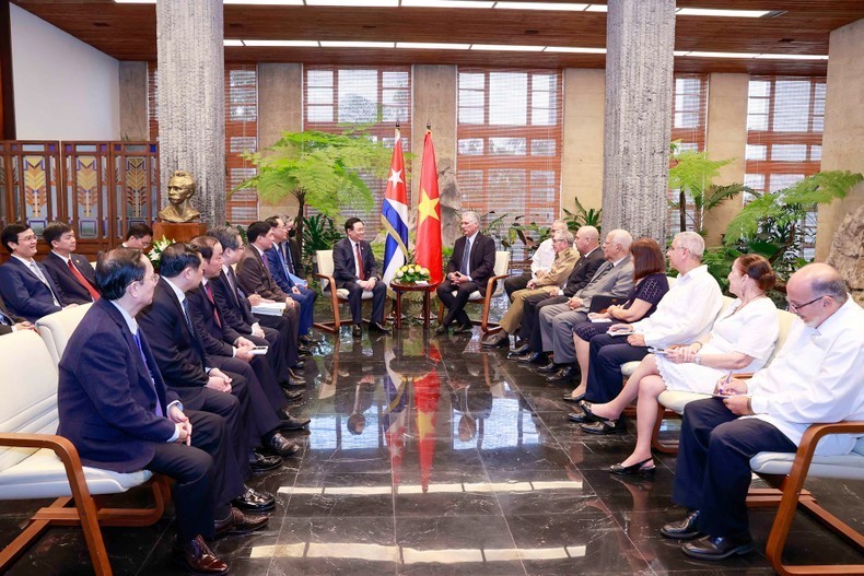 Председатель НС Выонг Динь Хюэ на встрече с Президентом Кубы Мигелем Диас-Канелем. Фото: ВИА