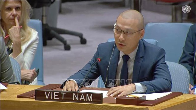 Советник-посланник Нгуен Хоанг Нгуен, заместитель главы постоянной миссии Вьетнама при ООН, выступает на заседании. Фото: ВИА
