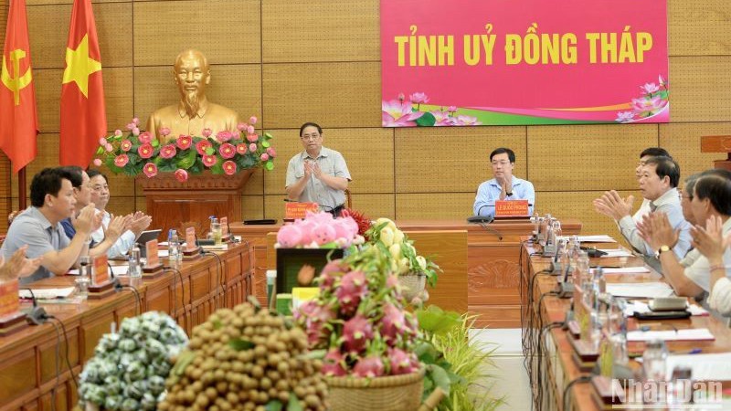 Премьер-министр Фам Минь Тьинь на рабочей встрече.