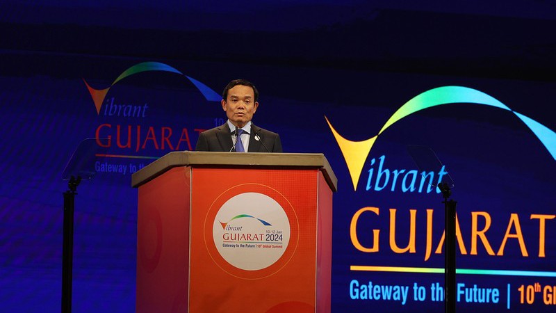 Вице-премьер Чан Лыу Куанг выступает на саммите с речью.