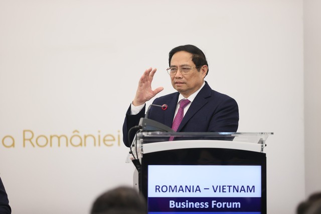 Премьер-министр Фам Минь Тьинь выступает на Вьетнамско-румынском бизнес-форуме. Фото: VGP