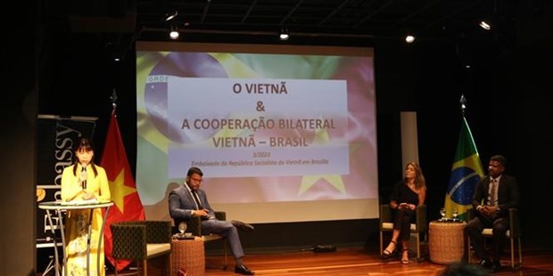Посол Вьетнама в Бразилии Фам Тхи Ким Хоа выступает на встрече. Фото: ВИА