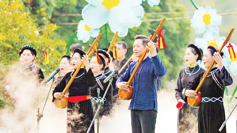 Исполнение пения «тхен» на Фестивале камелии сасанквы, организованном в уезде Биньлиеу.