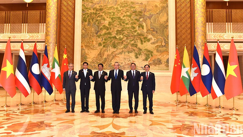 Главы делегаций, участвовавших в 8-м совещании министров иностранных дел по вопросам сотрудничества в бассейне Меконг-Ланьцанцзян. 