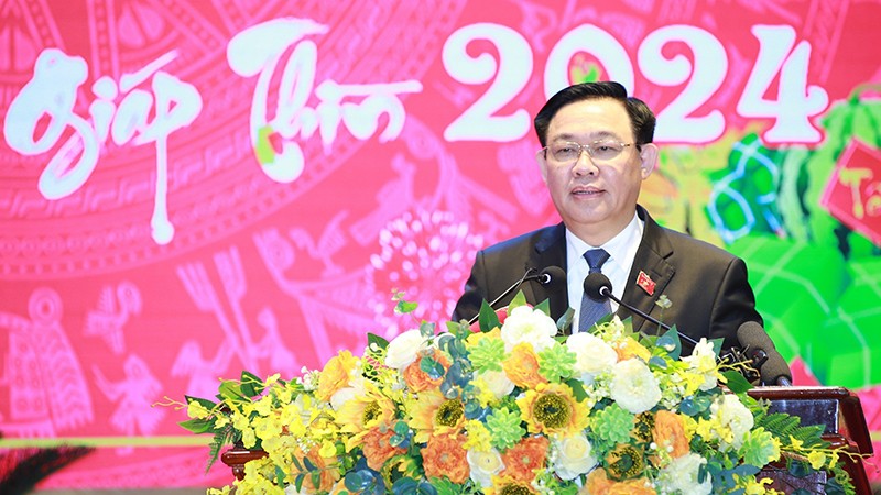 Председатель НС Выонг Динь Хюэ выступает на встрече. 