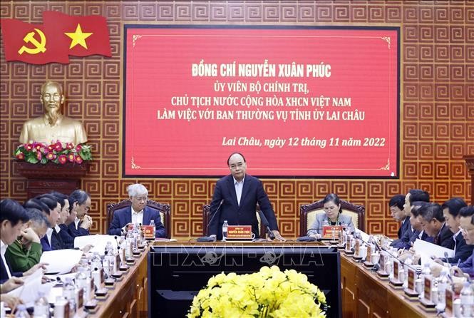 Президент Вьетнама Нгуен Суан Фук выступает на рабочей встрече. Фото: ВИА