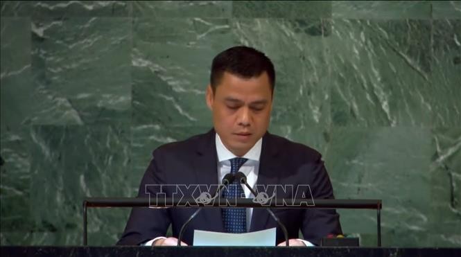 Посол Данг Хоанг Жанг выступает на заседании Генеральной ассамблеи ООН 14 ноября. Фото: ВИА