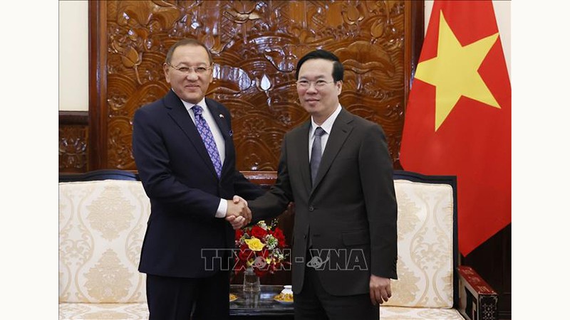 Президент Во Ван Тхыонг (справа) и Посол Казахстана во Вьетнаме Ерлан Байжанов. Фото: ВИА 