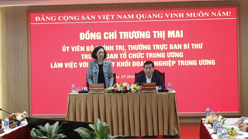 Товарищ Чыонг Тхи Май выступает на рабочей встрече.