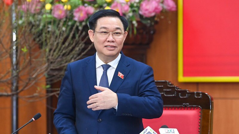 Председатель НС Выонг Динь Хюэ выступает на встрече с Постоянным бюро Парткома провинции Тхайбинь. Фото: Зюи Линь