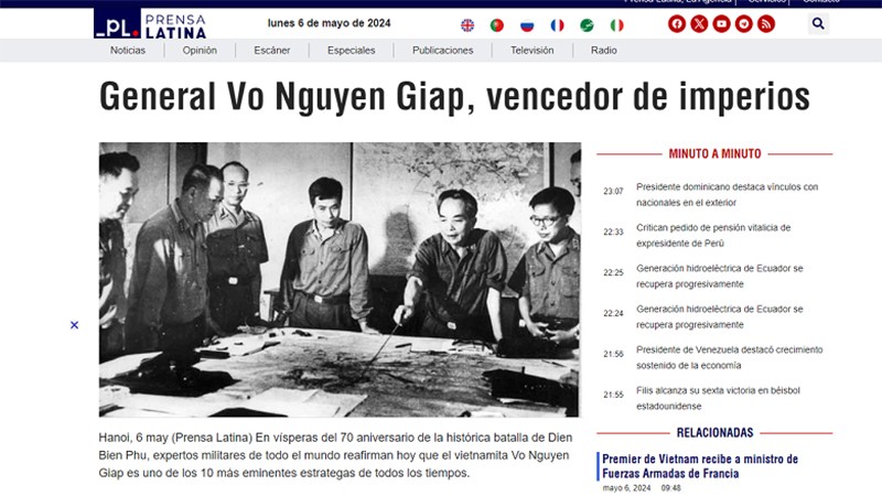 Статья на сайте Prensa Latina, восхваляющая большой вклад генерала армии Во Нгуен Зяпа в победу Дьенбьенфу. Фото с экрана