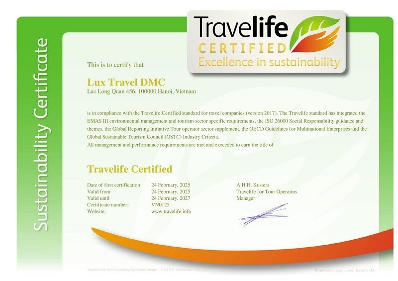 Впервые во Вьетнаме туристическая компания получила сертификат Travelife Certified за устойчивый туризм