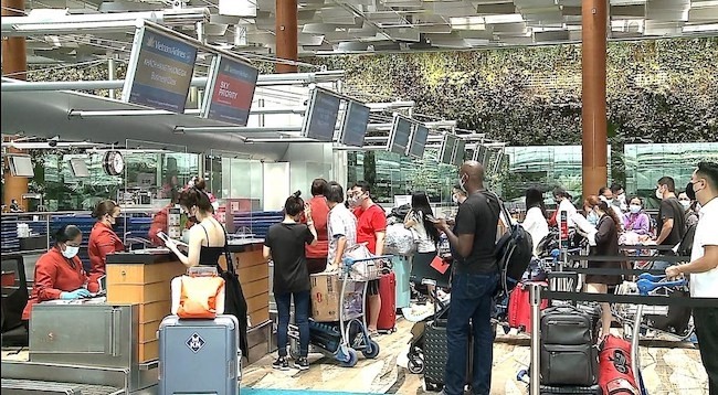 Пассажиры проходят регистрацию на рейс VN650 (Сингапур – г. Хошимин). Фото: bnews.vn