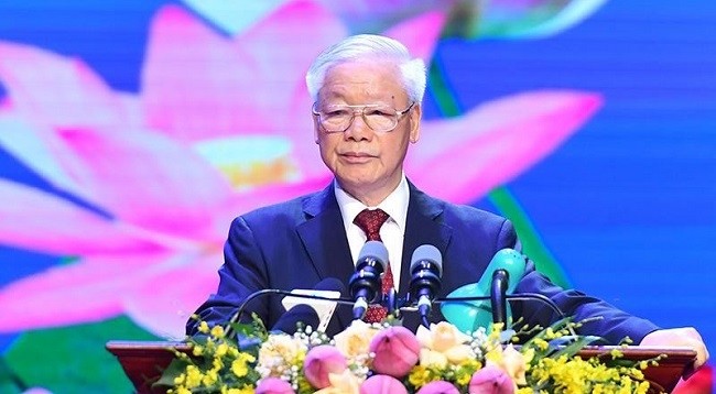 Генеральный секретарь ЦК КПВ Нгуен Фу Чонг выступает на церемонии. Фото: Данг Кхоа 